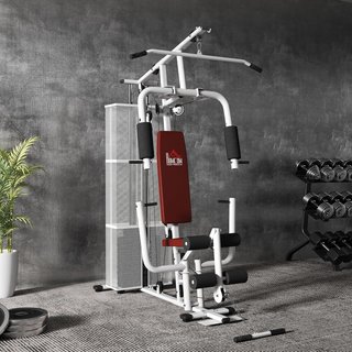 Estación de Fitness Con Pull Down, Press de Pecho, Flexiones, Extensiones de Piernas y Remo, Gimnasio Multifuncional de Acero Con Peso de 45 Kg, para Home Gym Casa, 150X110X210 Cm, Blanco