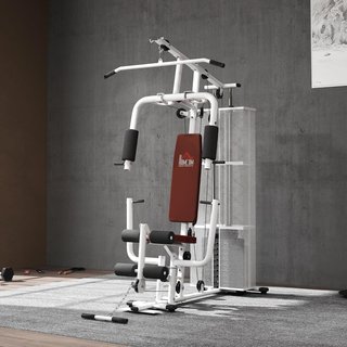 Estación de Fitness Con Pull Down, Press de Pecho, Flexiones, Extensiones de Piernas y Remo, Gimnasio Multifuncional de Acero Con Peso de 45 Kg, para Home Gym Casa, 150X110X210 Cm, Blanco