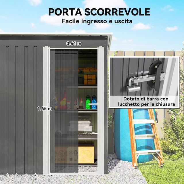 Caseta De Jardín 1.16M² en Acero Galvanizado, Cobertizo De Jardín Con Techo Inclinado Y Puerta Corredera Bloqueable, Cobertizo Para Herramientas, 163X89X182 Cm, Gris Claro