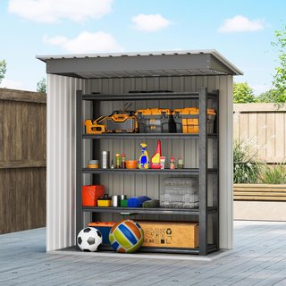 Caseta De Jardín 1.16M² en Acero Galvanizado, Cobertizo De Jardín Con Techo Inclinado Y Puerta Corredera Bloqueable, Cobertizo Para Herramientas, 163X89X182 Cm, Gris Claro