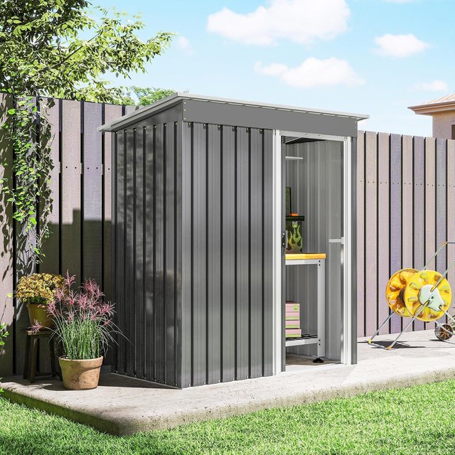 Caseta De Jardín 1.16M² en Acero Galvanizado, Cobertizo De Jardín Con Techo Inclinado Y Puerta Corredera Bloqueable, Cobertizo Para Herramientas, 163X89X182 Cm, Gris Claro