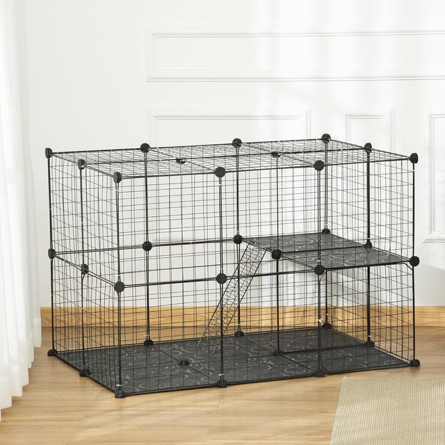 Jaula Modular y Multinivel para Conejos y Cobayas, Recinto para Pequeños Roedores con 3 Puertas y Alambres de Acero, Negro