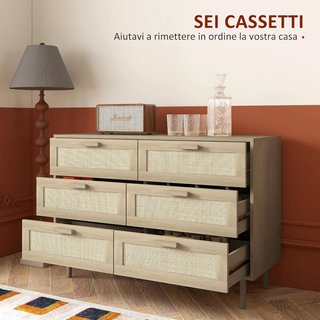 Cómoda de 6 Cajones en Estilo Bohemio para Sala de Estar, Cómoda de Dormitorio Boho en Madera y Ratán, 110X40X75 Cm, Color Madera