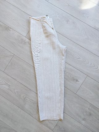 Mango Talla M - Pantalón Lino Beige Rayas Blancas