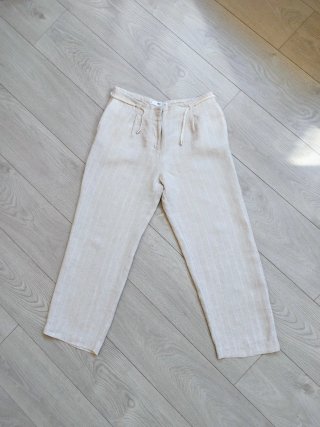 Mango Talla M - Pantalón Lino Beige Rayas Blancas