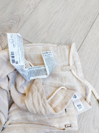 Mango Talla M - Pantalón Lino Beige Rayas Blancas