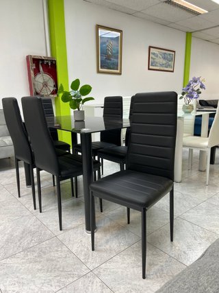Mesa Cristal Negra + 6 Sillas