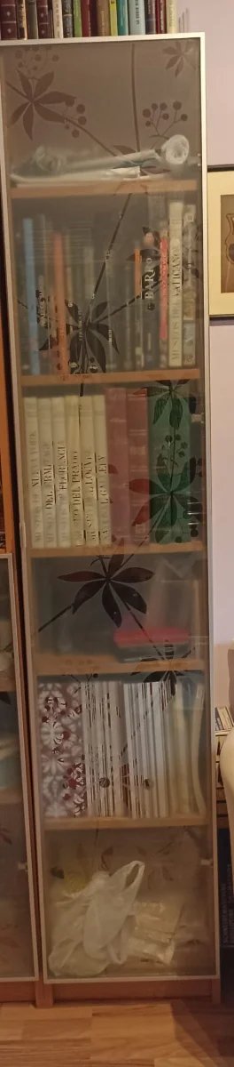 Estantería Billy Ikea con puerta cristal flores.