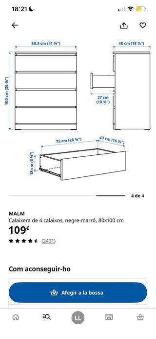 Cómoda negra Ikea 4 cajones