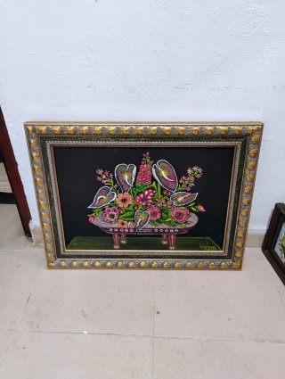 Cuadro antiguo flores marco dorado
