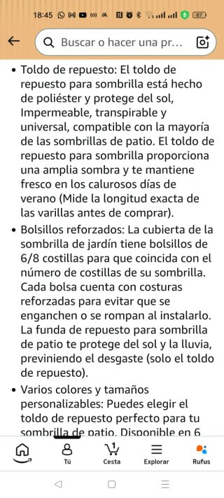 Toldo repuesto sombrilla 2.5m