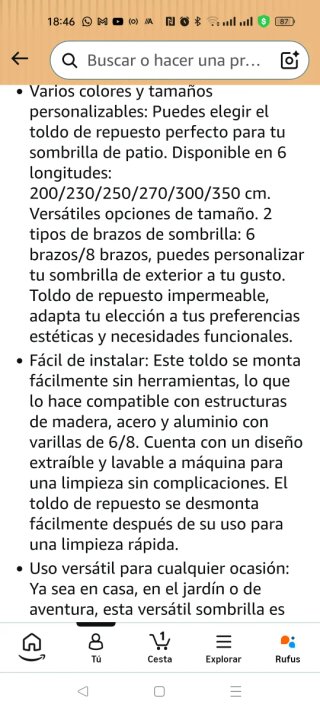 Toldo repuesto sombrilla 2.5m