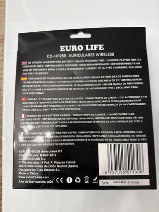 Auriculares Bluetooth 5.0 EURO LIFE Negros