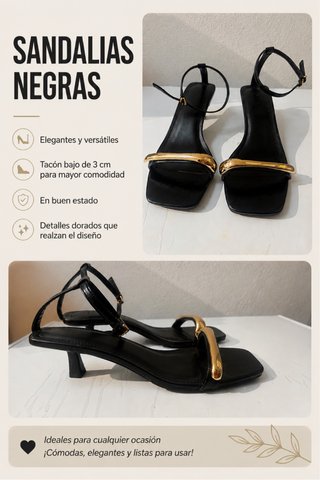 Sandalias negras tacón bajo doradas T39