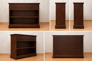 Mueble madera maciza oscura cajones y estantes