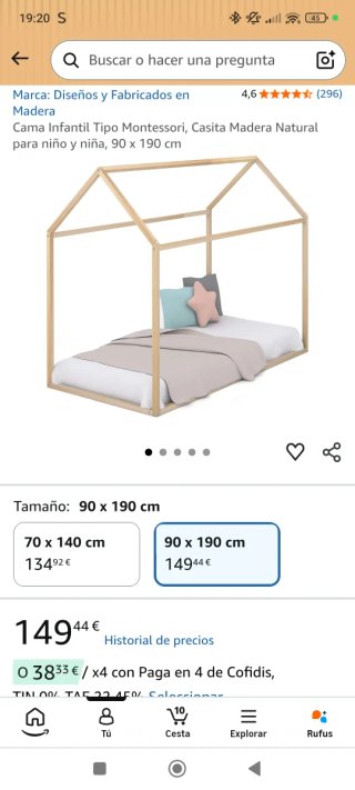 Cama Montessori Casita Madera Natural 90x190