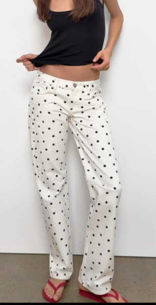 Zara Jeans Tiro Bajo Lunares Wide Leg Talla 34