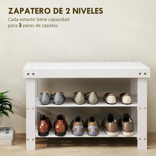 Banco Zapatero Bambú con Asiento 2 Estantes Blanco