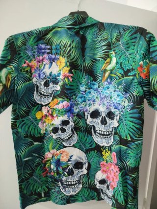 Camisa Aloha Hombre Estampada Calaveras Flores
