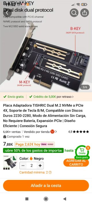Placa Dual M.2 NVMe a PCIe 4x