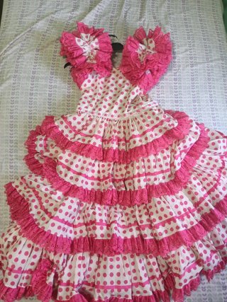 Vestido Flamenca Blanco y Fucsia Lunares
