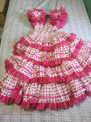 Vestido Flamenca Blanco y Fucsia Lunares