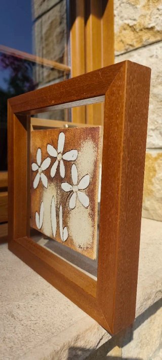 2 Cuadros Cerámica Flores Madera
