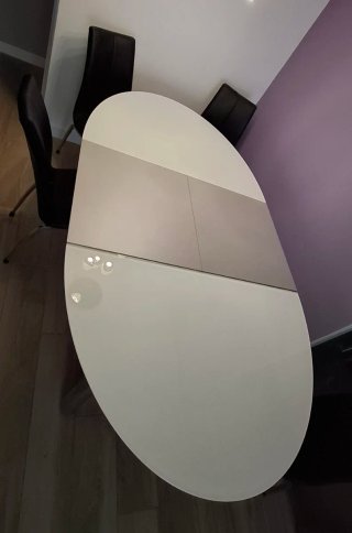 Mesa extensible cristal y 6 sillas