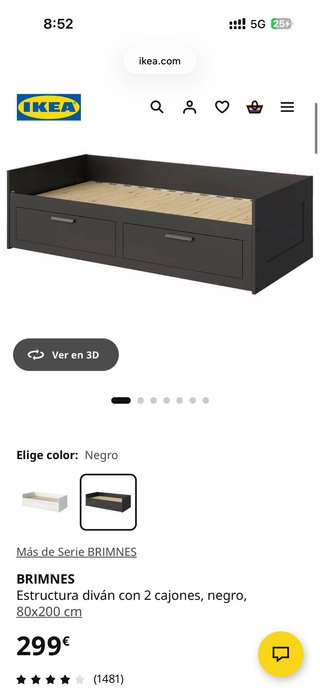 Cama Diván BRIMNES IKEA 2 Cajones Negra 80x200 cm