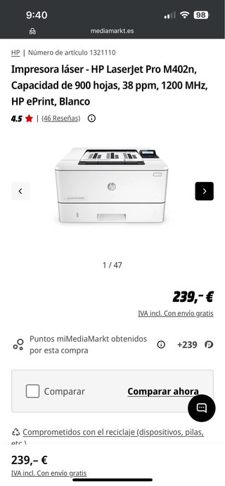 Impresora HP LaserJet Pro M402n