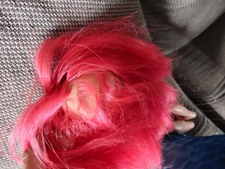 Muñeca 36 cm pelo rosa ojos azules