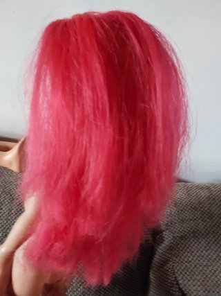 Muñeca 36 cm pelo rosa ojos azules