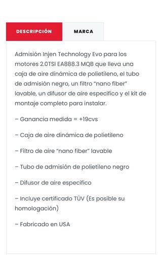 Admision Injen y Inlet Alpha competition 2.0 TSI