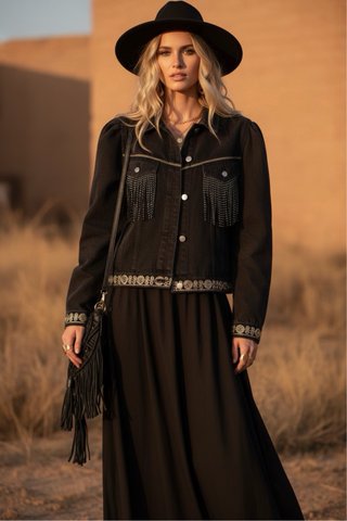 Cazadora Boho Negra con Flecos y Bordados
