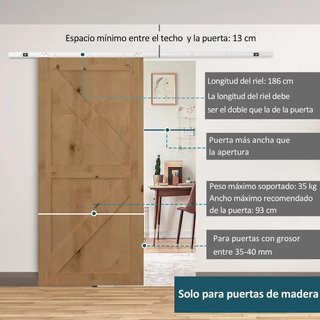 Kit Herraje Puerta Corredera Madera con Riel 186cm