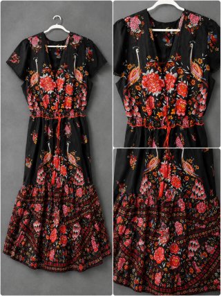 Vestido largo estampado floral y pavo real