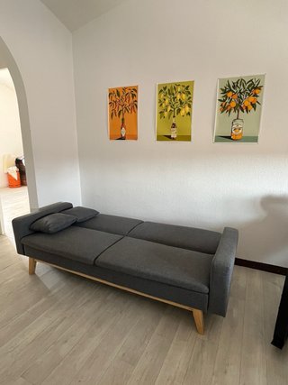 Sofá cama gris tela y madera.