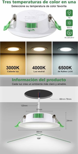 6 Focos LED empotrable 230V7W 3Tonos Luz Ajustable