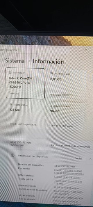 Ordenador Dell i5 8th gen 4,1Ghz 8gb 756gb WiFi