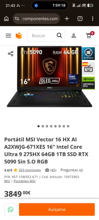 Portátil MSI Vector 16 5090 RTX 64 gb ram 2tb