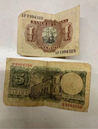 Billetes antiguos Banco de España 1 y 5 Pesetas