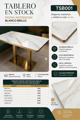 Tablero Mesa Piedra Sinterizada Blanco Brillo