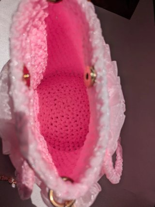 Bolso ganchillo organza rosa pastel hecho a mano