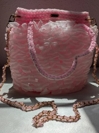 Bolso ganchillo organza rosa pastel hecho a mano