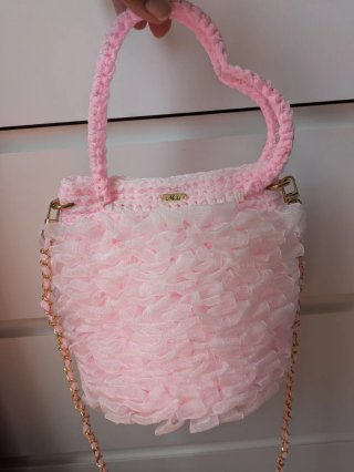 Bolso ganchillo organza rosa pastel hecho a mano