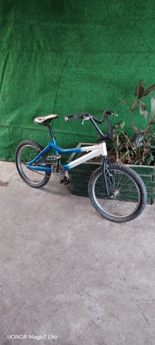 Bicicleta BMX azul y blanca