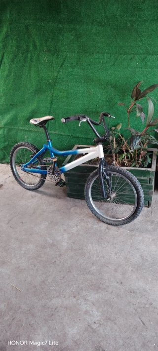 Bicicleta BMX azul y blanca