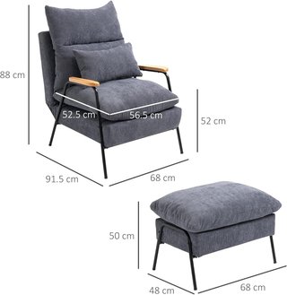 Sillón Relax Con Puff A Juego en Terciopelo A Rayas, Sillón Reclinable Con Cojines Acolchados para Sala y Dormitorio, Gris