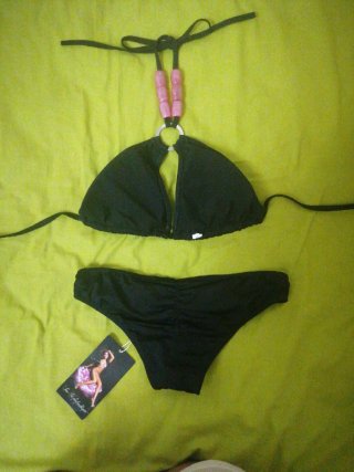 Bikini negro XS con abalorios rosas Nuevo