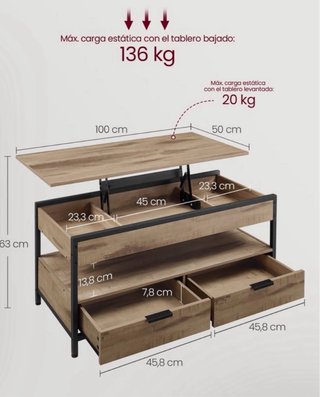 Mesa Centro Abatible Madera y Metal nueva en caja